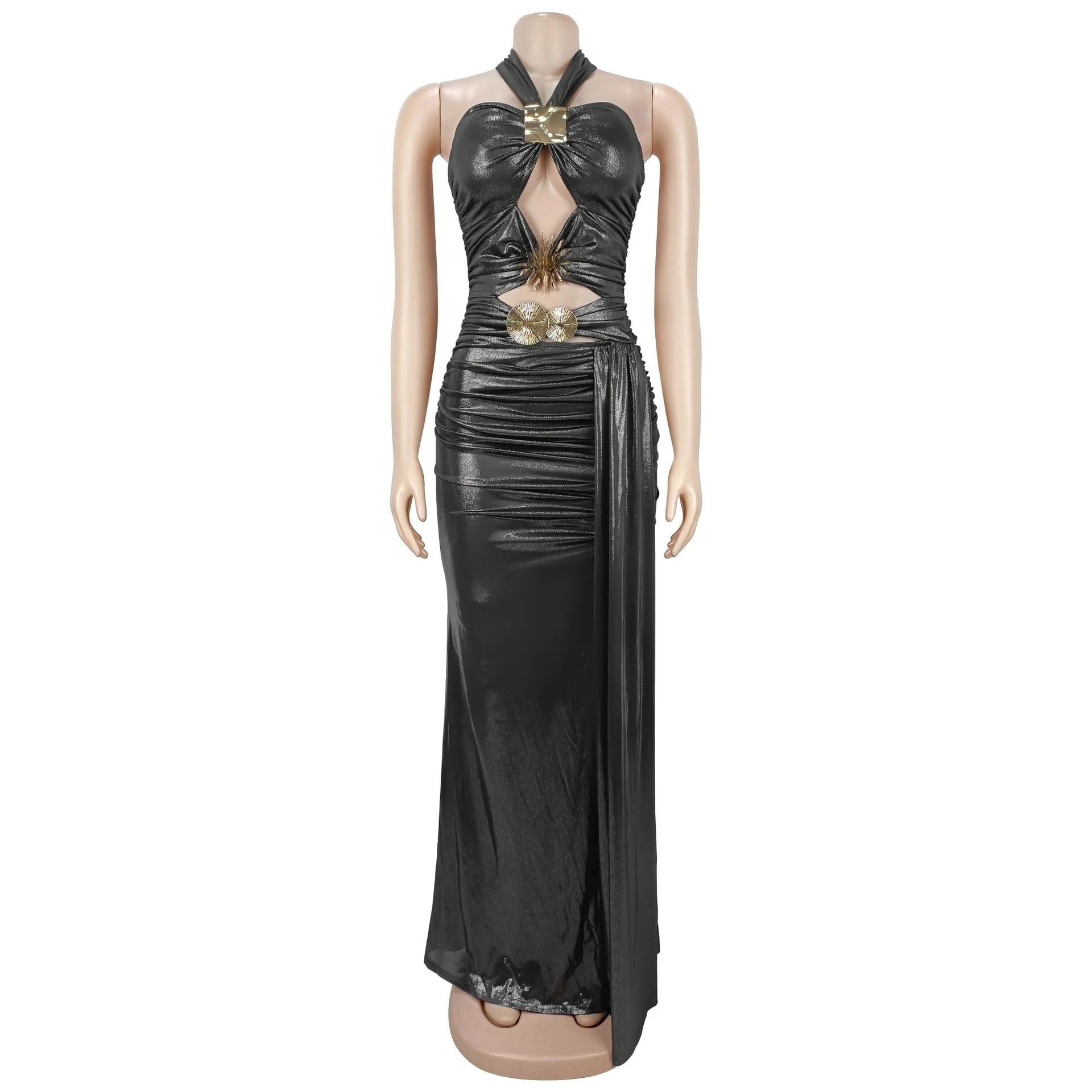 CM.YAYA Women Gilding Halter Strapless Ruched Bodycon Maxi Long Dress