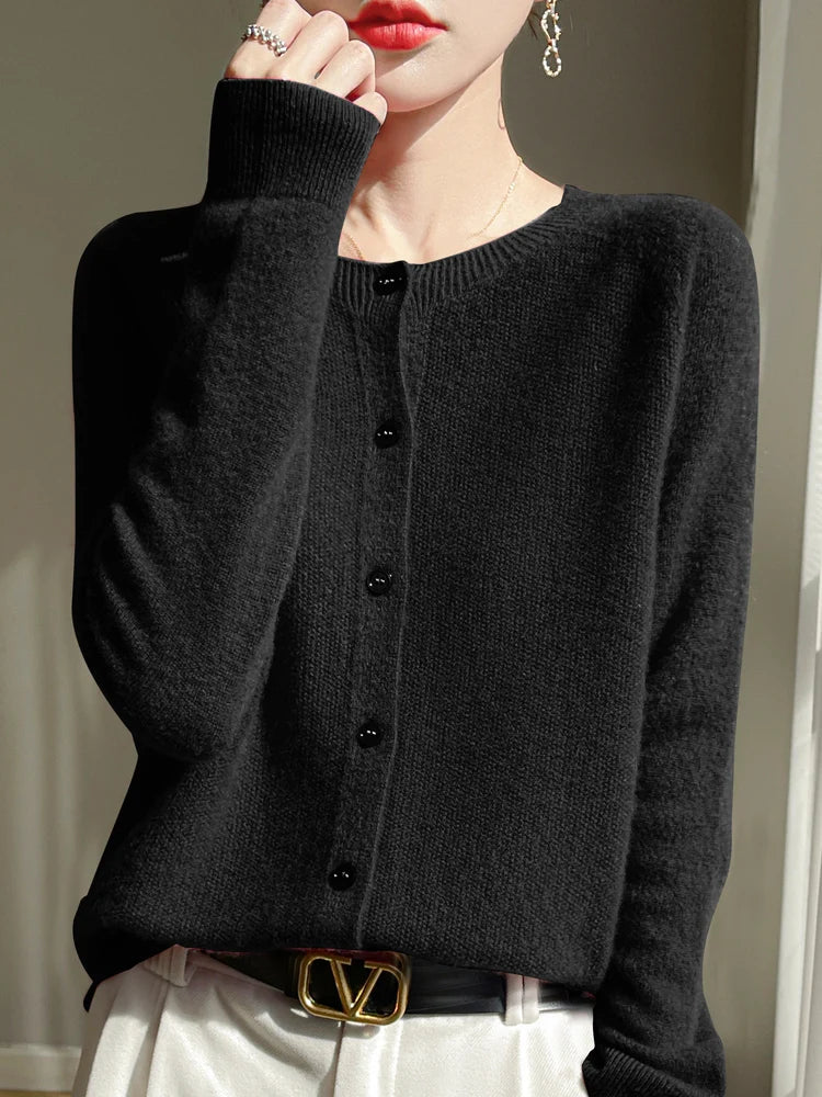 ADDONEE Women's Merino Wool O-Neck Cardigan