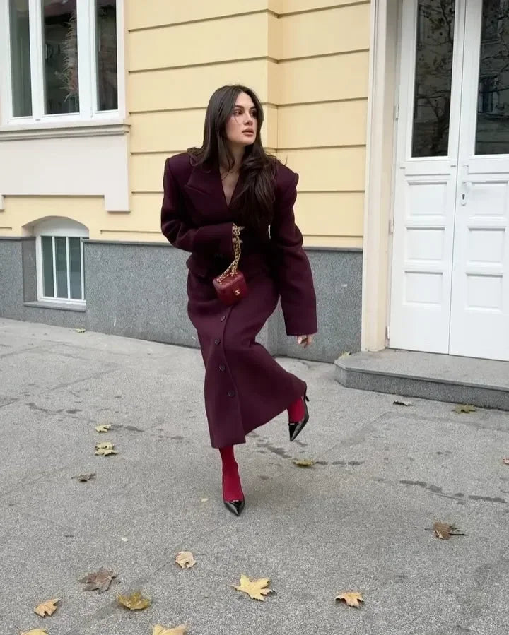 Solid Waist Cinching Woolen Blend Overcoat Women Fashion