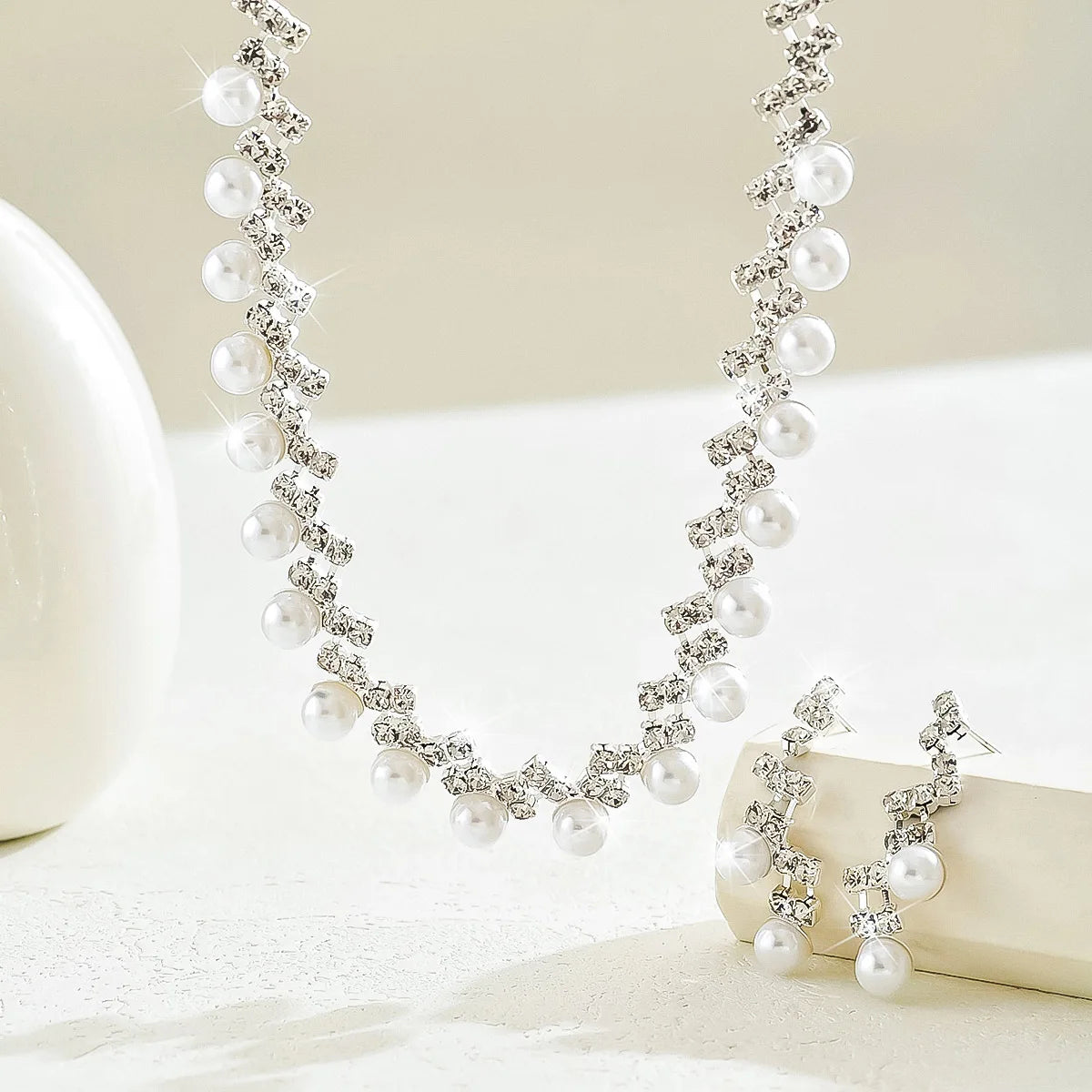 Silver Pearl & Crystal Bridal Jewelry Set