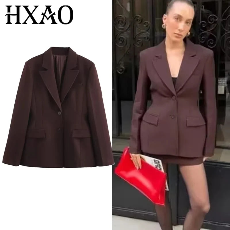 HXAO Women's Blazer Office Wear Brown Blazer Woman Spring 2025 Long Sleeve Fitted Commute Blazer Button Elegant Women Blazers