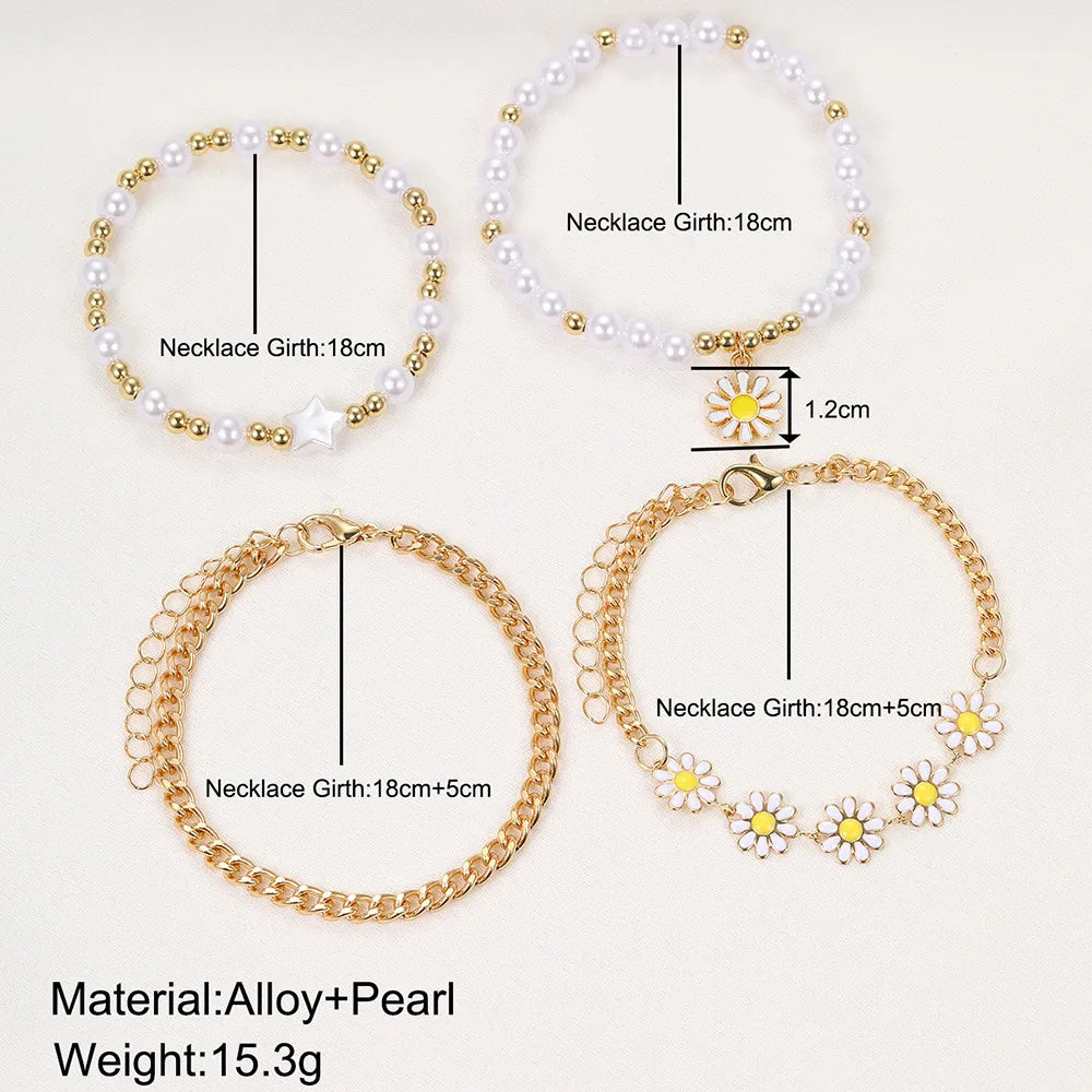 4pcs Vintage Daisy Flower & Pearl Bracelet Set