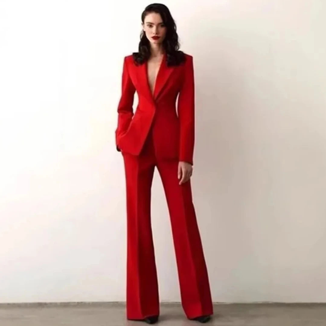 Women Suit 2 Pieces Red Single Button Solid Slim For Wedding Business Work Office Daily Commute Casual Set Blazer And Pants