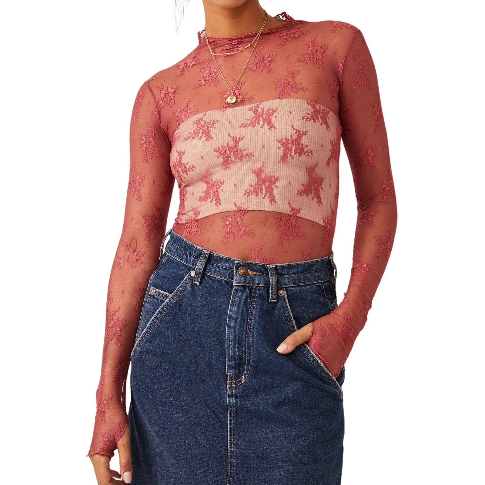 Sexy Sheer Mesh Long Sleeve Crop Top for Women Mock Neck Floral Lace Tshirt Fairy Coquette See Through Tees Blouse Cover-ups