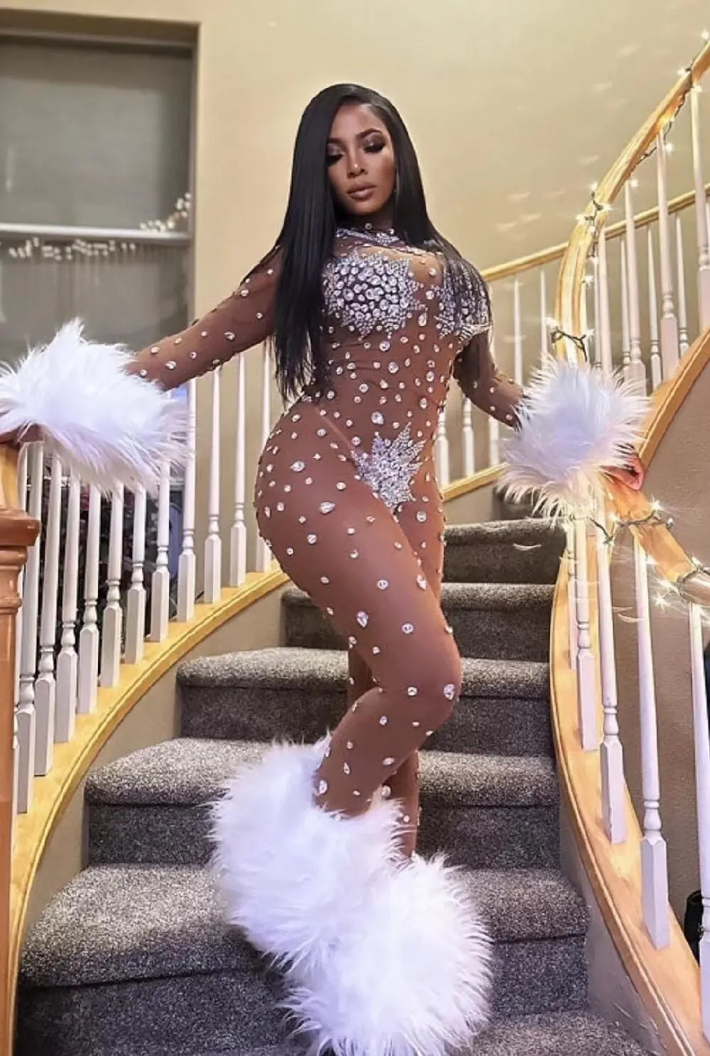 Luxury Rhinestone Feather Stretch Jumpsuit Nightclub Performance Dancer Stage Costume Sexy Mesh Long Sleeve Women's Outfit