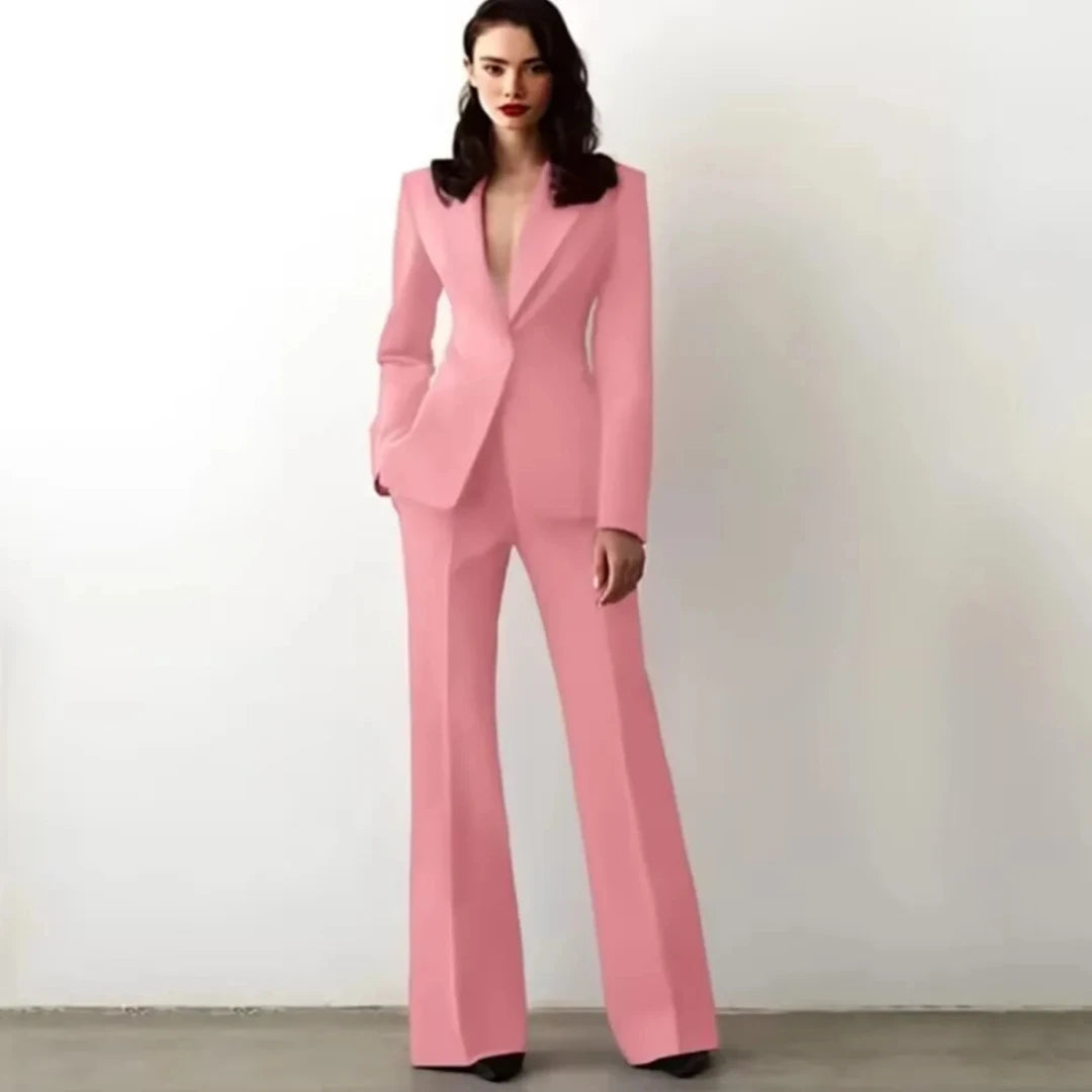 Women Suit 2 Pieces Red Single Button Solid Slim For Wedding Business Work Office Daily Commute Casual Set Blazer And Pants