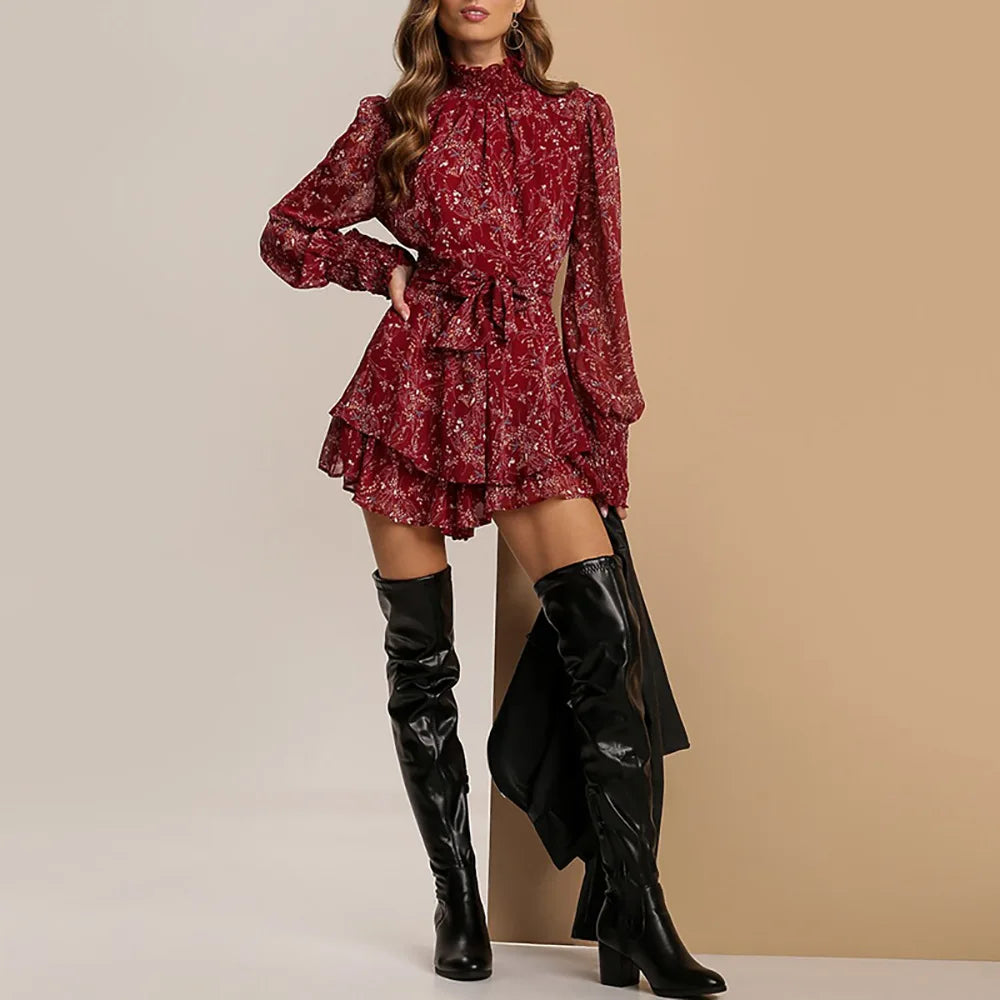 Chiffon Ruffles Floral Print Dresses