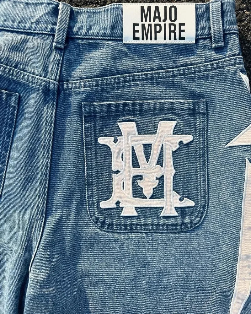 American fashion trend Street style wide-leg Jeans for men Y2k embroidered baggy jeans Goth punk High street casual shorts