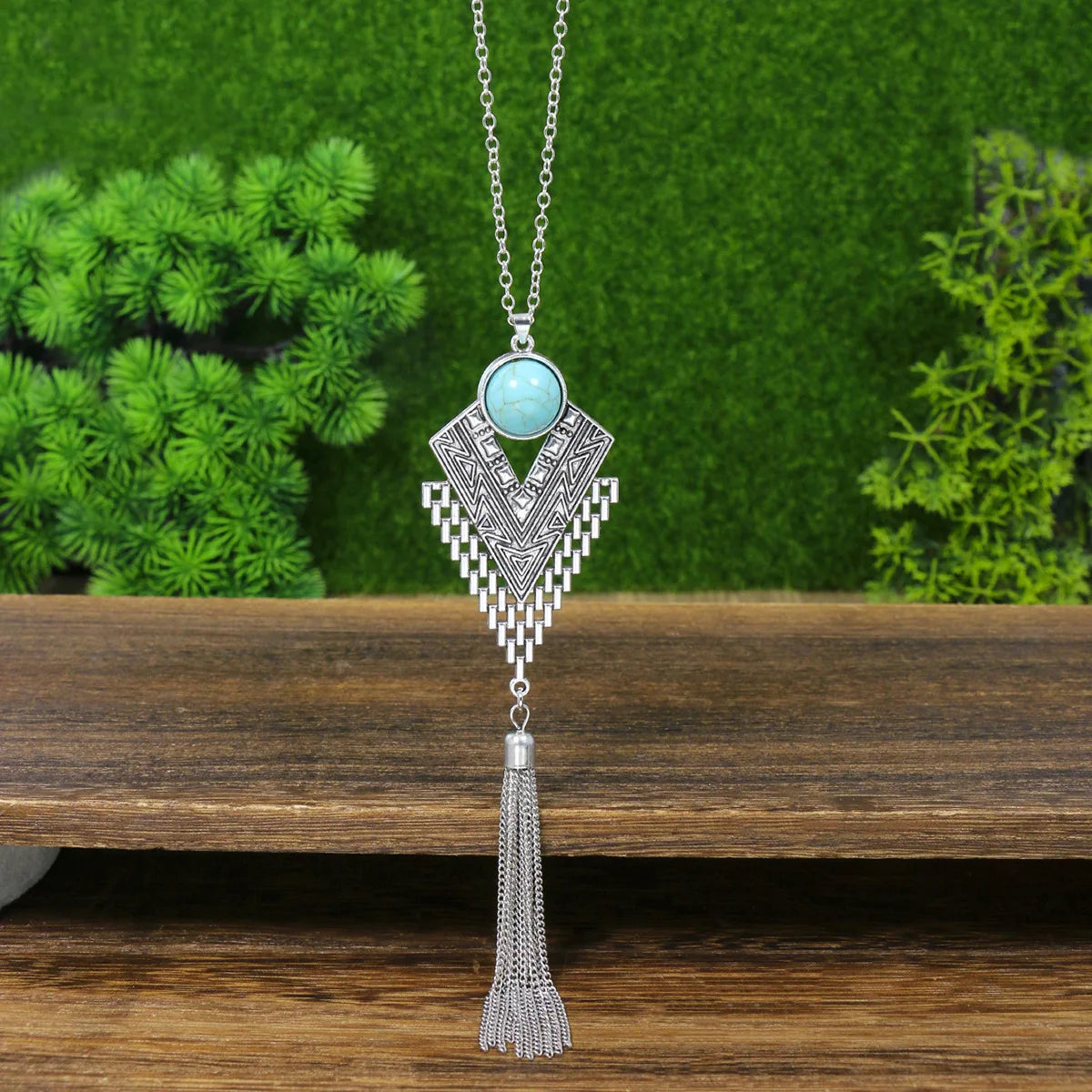 Ethnic Blue Stone Tassel Necklace & Earrings Set