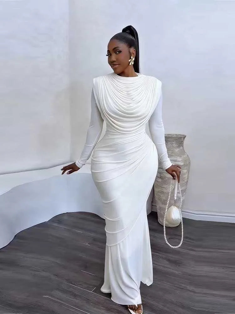 Chic and Elegant Women's Evening Dress Mesh Draped Collar Long Sleeve Bodycon
