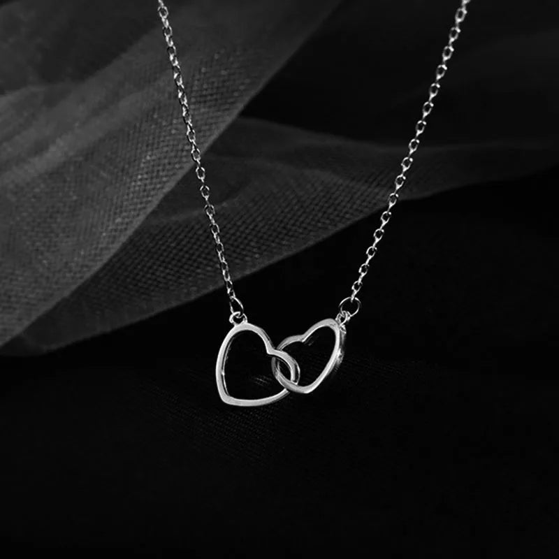 925 Sterling Silver Double Ring Heart Necklace