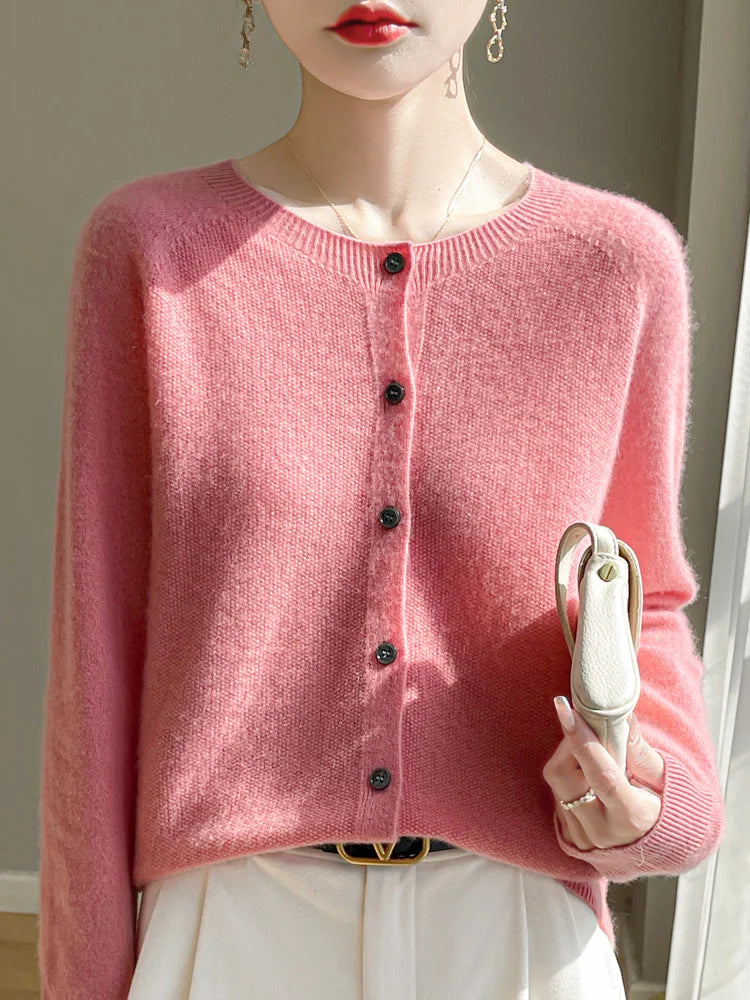 ADDONEE Women's Merino Wool O-Neck Cardigan