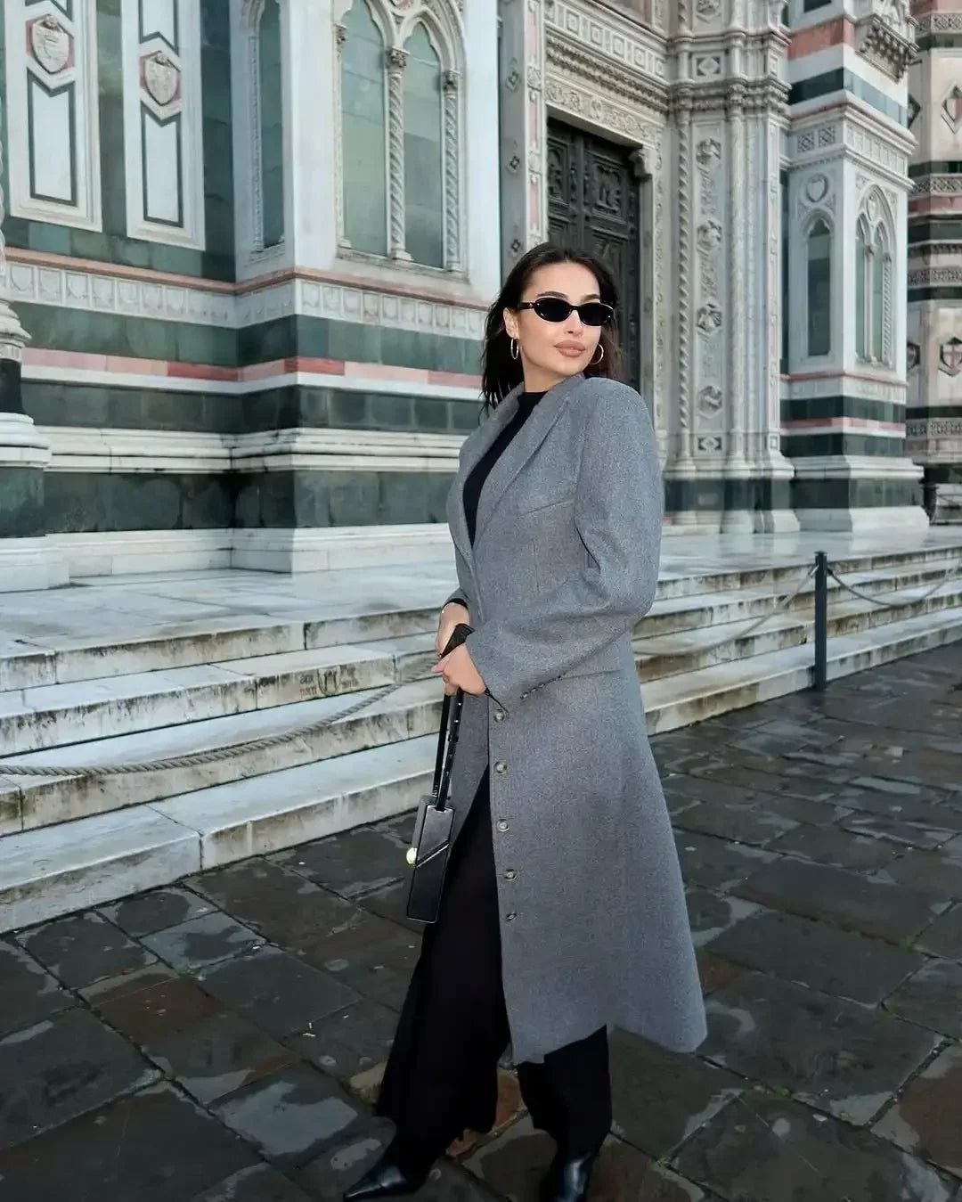 Solid Waist Cinching Woolen Blend Overcoat Women Fashion