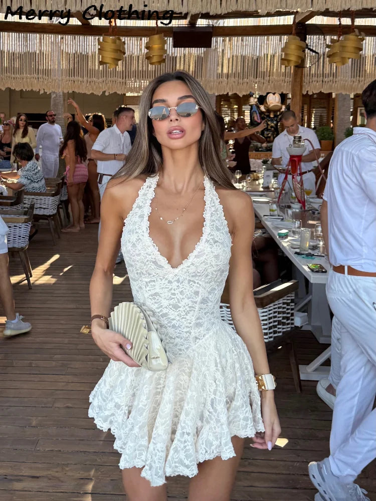 V Neck Halter Lace Mini Skirt Women Fashion Waist Cinched A Line Dress