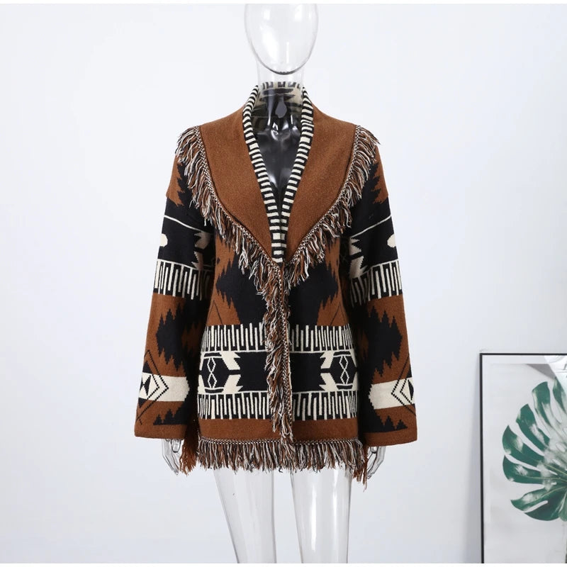 Geometric Jacquard Fringe Belted Waist