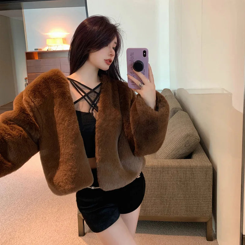 Korean Style Short Thickened Eco-Friendly Faux Fur Coat