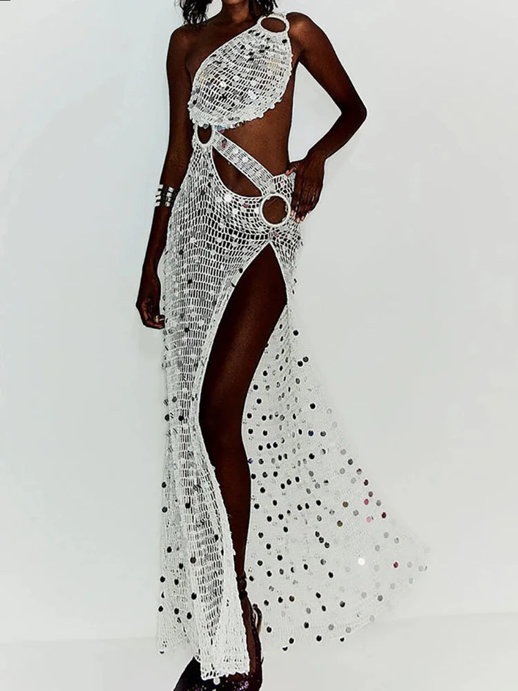 Skew Collar See Through Sexy Maxi Dress, Women Summer Hollow Fashion Party Dress, 2026 Solid Sleeveless Patchwork Ladies Dress