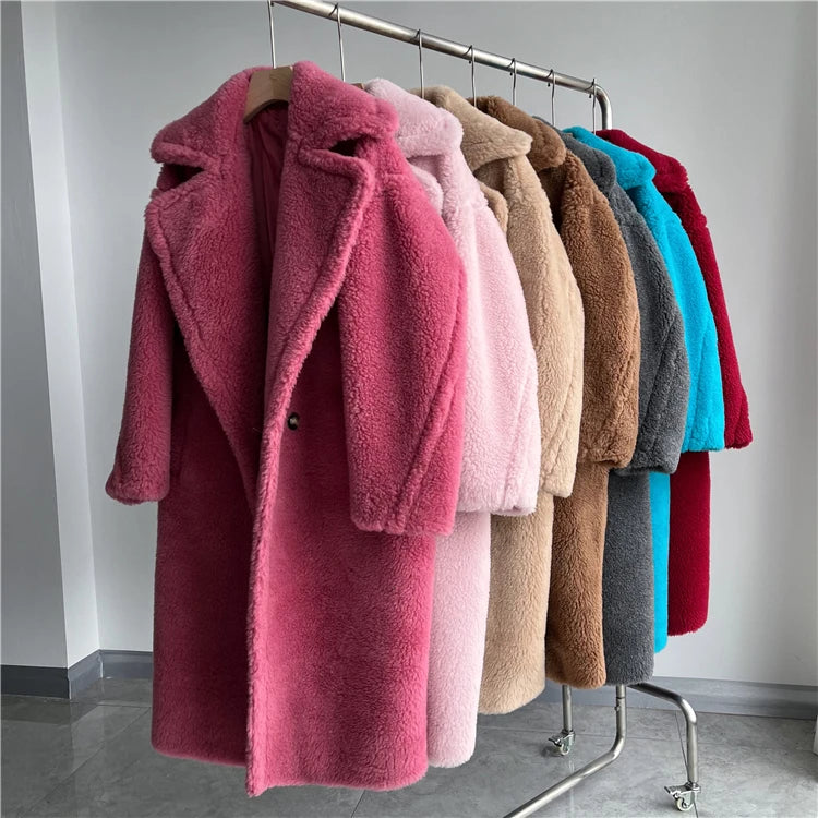 Winter Jacket Women Long Coat Wool Woven Fabric Thick Warm