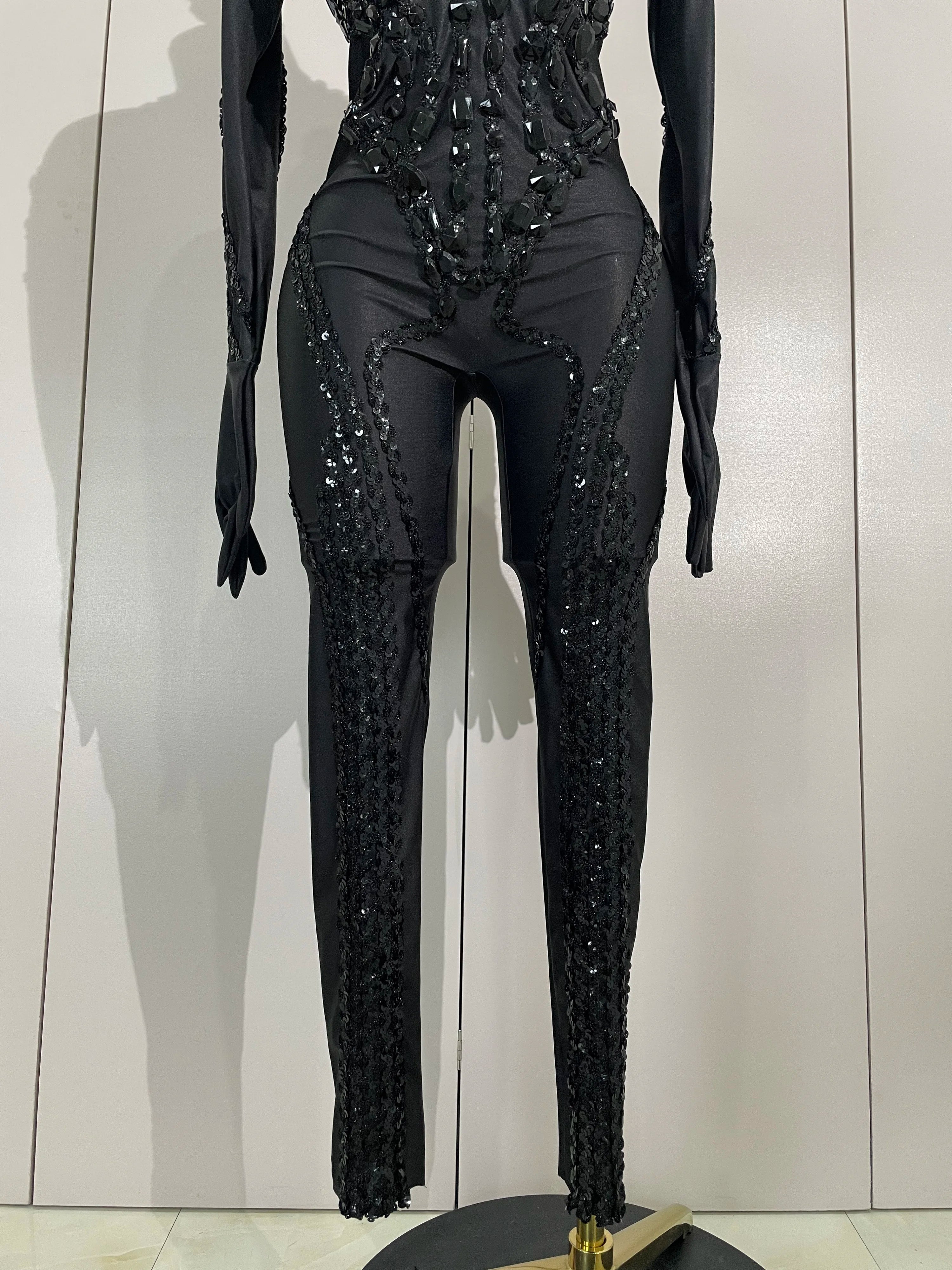 Luxury Festivals Outfit Sparkle Diamonds Sequins Black Spandex Jumpsuit Women Eveing Birthday Party NightClub Bar Stage Costume