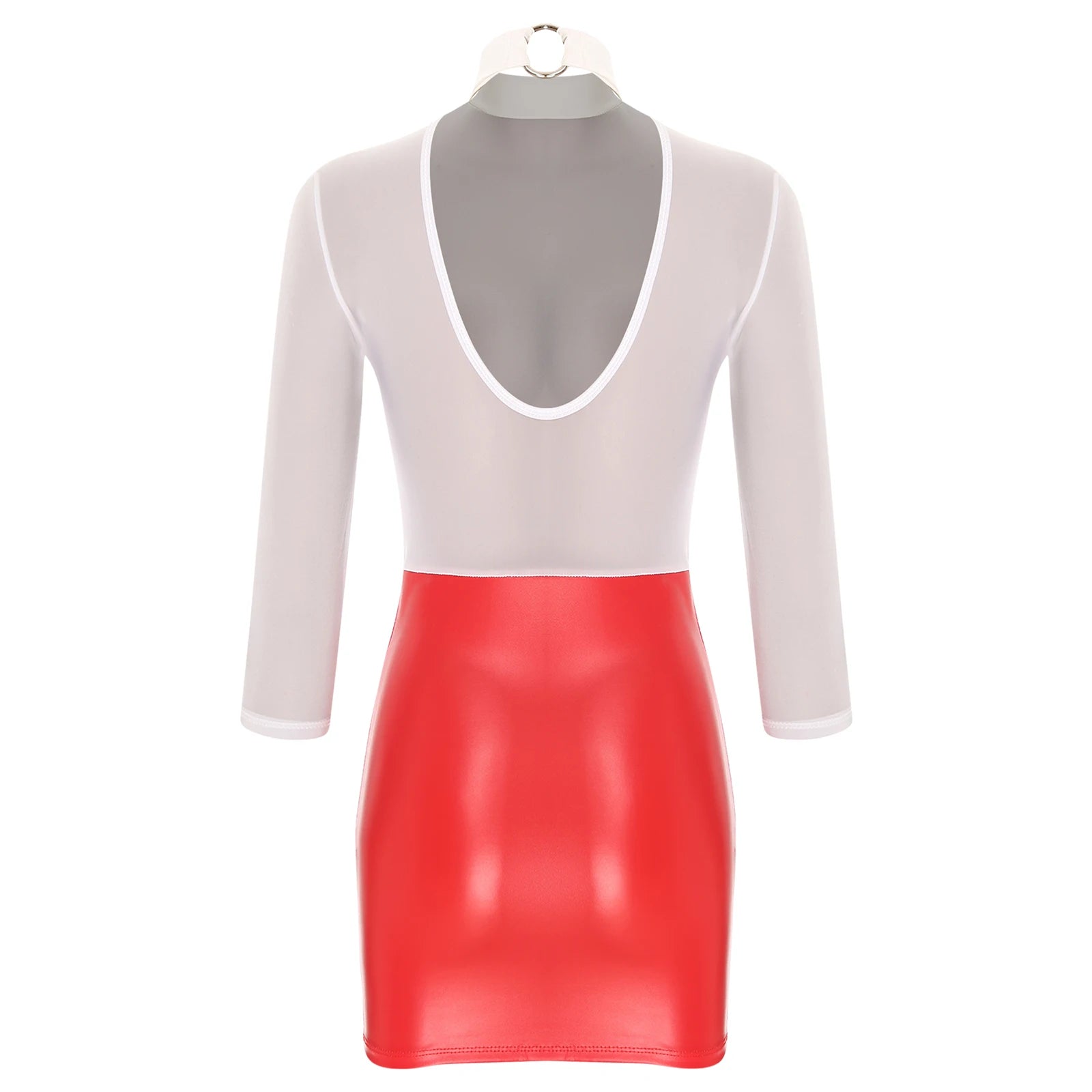 Womens Sexy Bodycon Dress 3/4 Sleeve See-through Bodice Glossy PU Leather Skirt Reversible Dress for Nightclub Party Clubwear