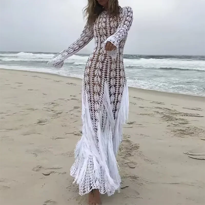 Fashion Fringe Patchwork Slim Long Robe Dress Beach Holiday Hollow Knitted Women's Dress 2025 Casual Summer Long Sleeved Dresses