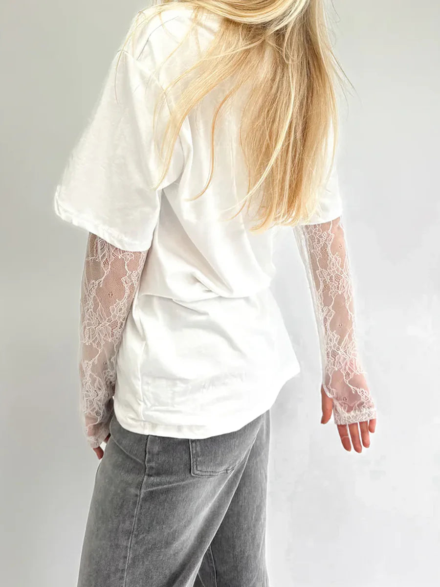 New Fashion Women Round Neck T-Shirts Lace Long Sleeve Casual Shirts Spring Fall Loose Fit Tops Streetwear S M L
