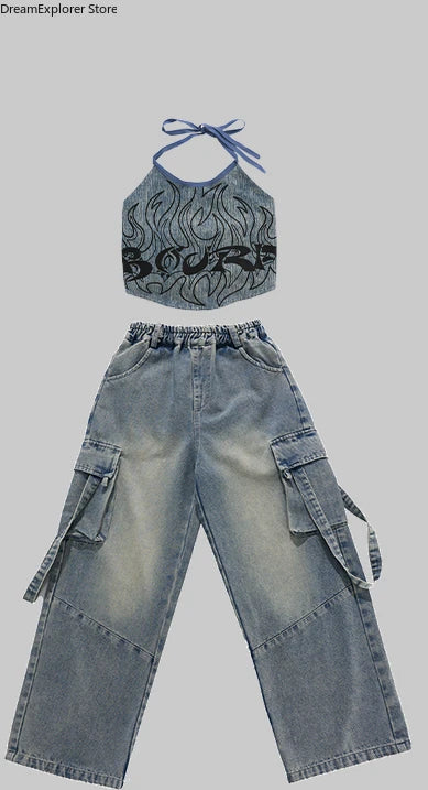 K-pop Girls' Denim Crop Top & Cargo Jeans Set
