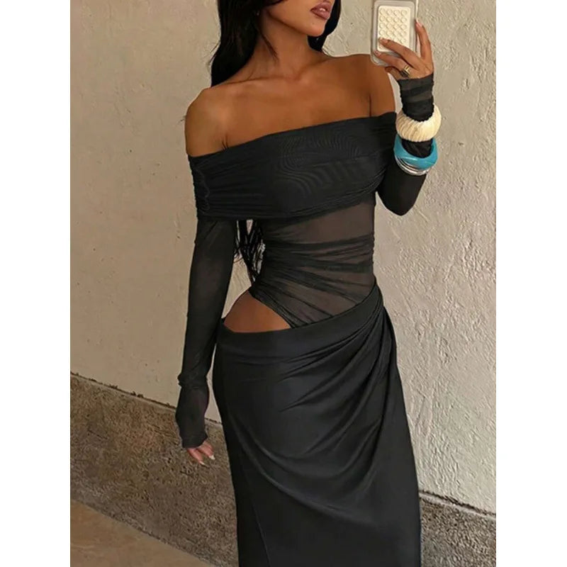 Sheer Maxi Dress U 42810 Mesh Patchwork Strapless Gown