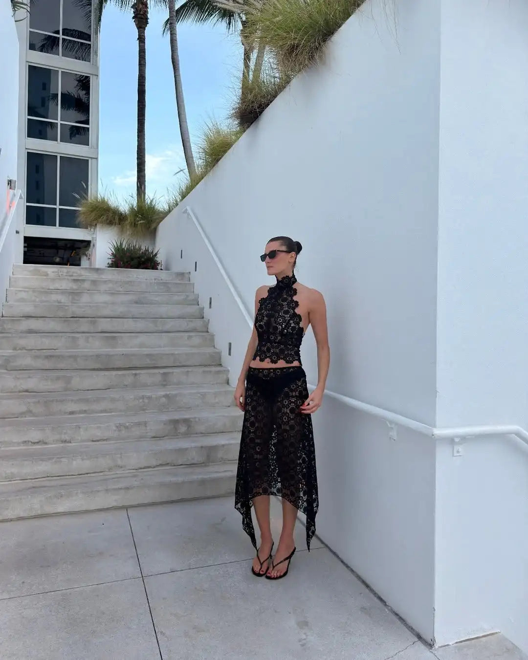 Black Lace Sleeveless 2 Piece Set High Neck Halter Cutout Crop Top