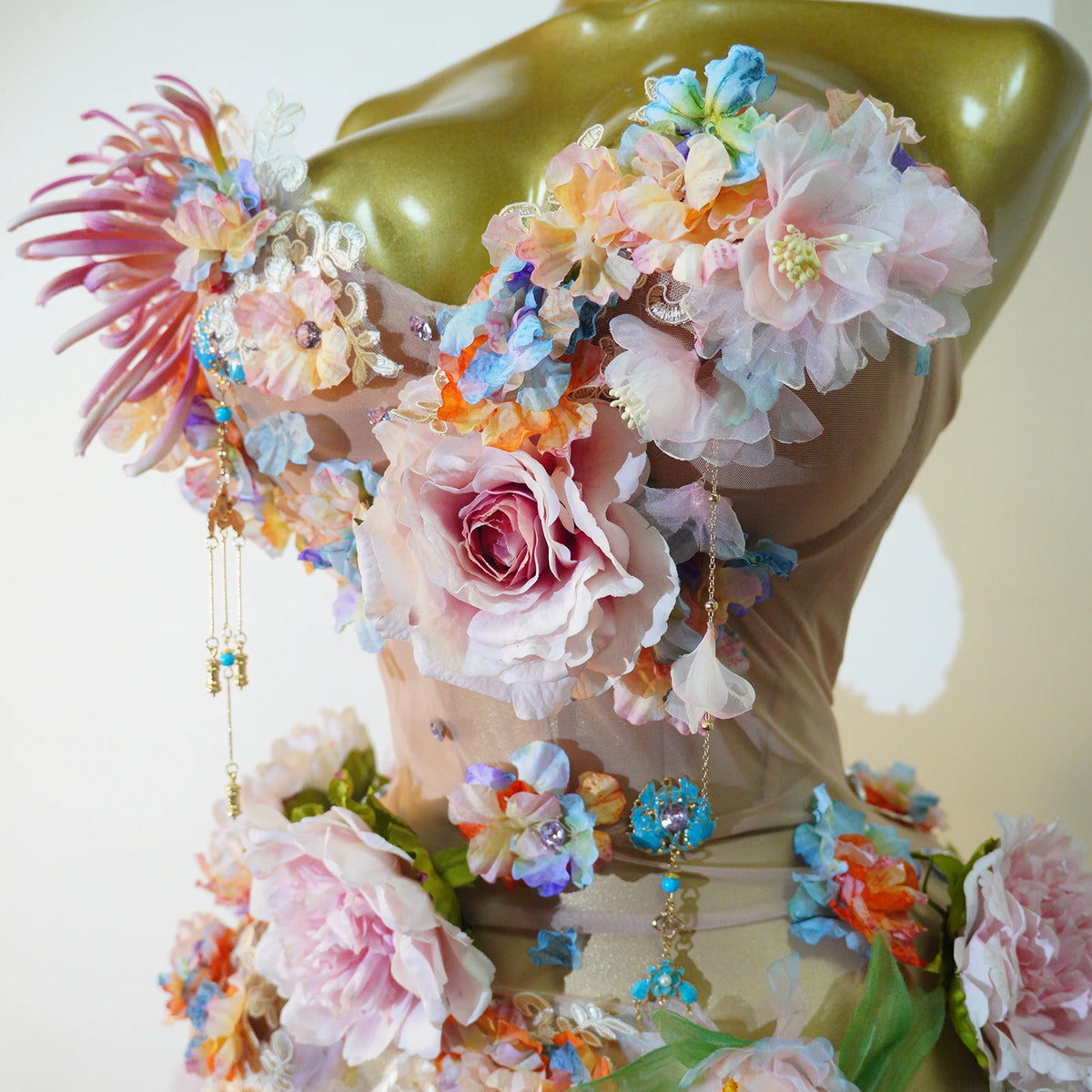 plus size 3D Floral Mesh Dress Fairy Garden Tassel Drag Queen Birthday