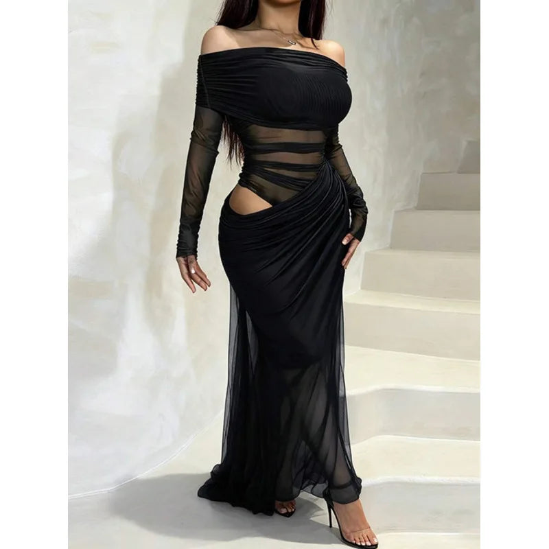 Sheer Maxi Dress U 42810 Mesh Patchwork Strapless Gown