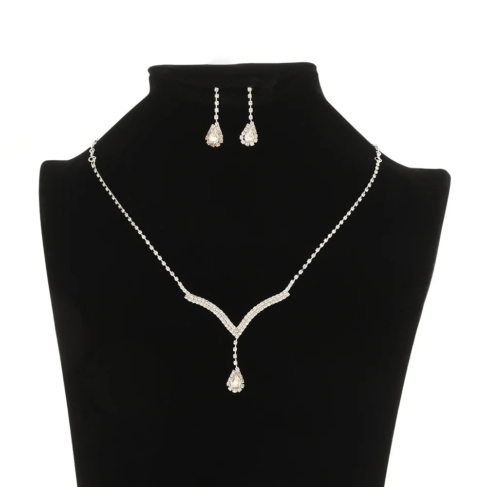 Water Drop Rhinestone Necklace & Earrings Set