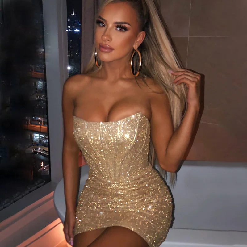 2025 Women's Sexy Glitter Sparkling Strapless Bodycon Corset Ruched Mini Party Tube Evening Birthday Dress