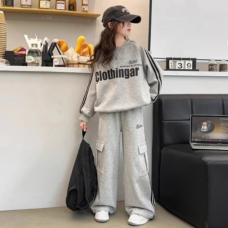 Girls Striped Sweatshirt & Wide Leg Tracksuit