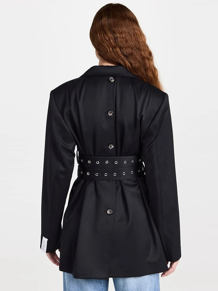 VGH Fashion Patchwork Belts Blazers For Women Notched Collar Long Sleeve Hit Color Casual Temperament Blazer Female Fashion New