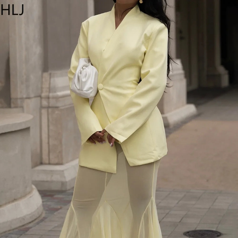 FAGADOER Autumn New Fashion Woman 2 Piece Set Outfit Solid Color Deep V-Neck Jacket and + Mesh Skirt Matching Female Streetwear