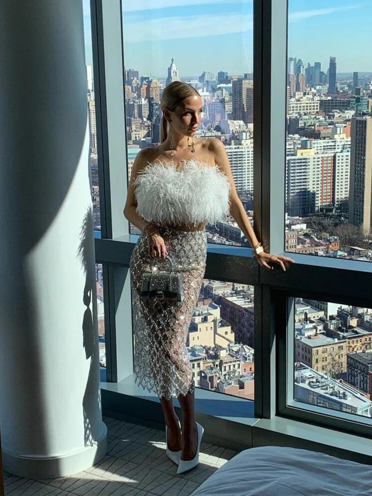 Sexy Luxury Sequins Feather Strapless Top+ Skirt Two Piece Set
