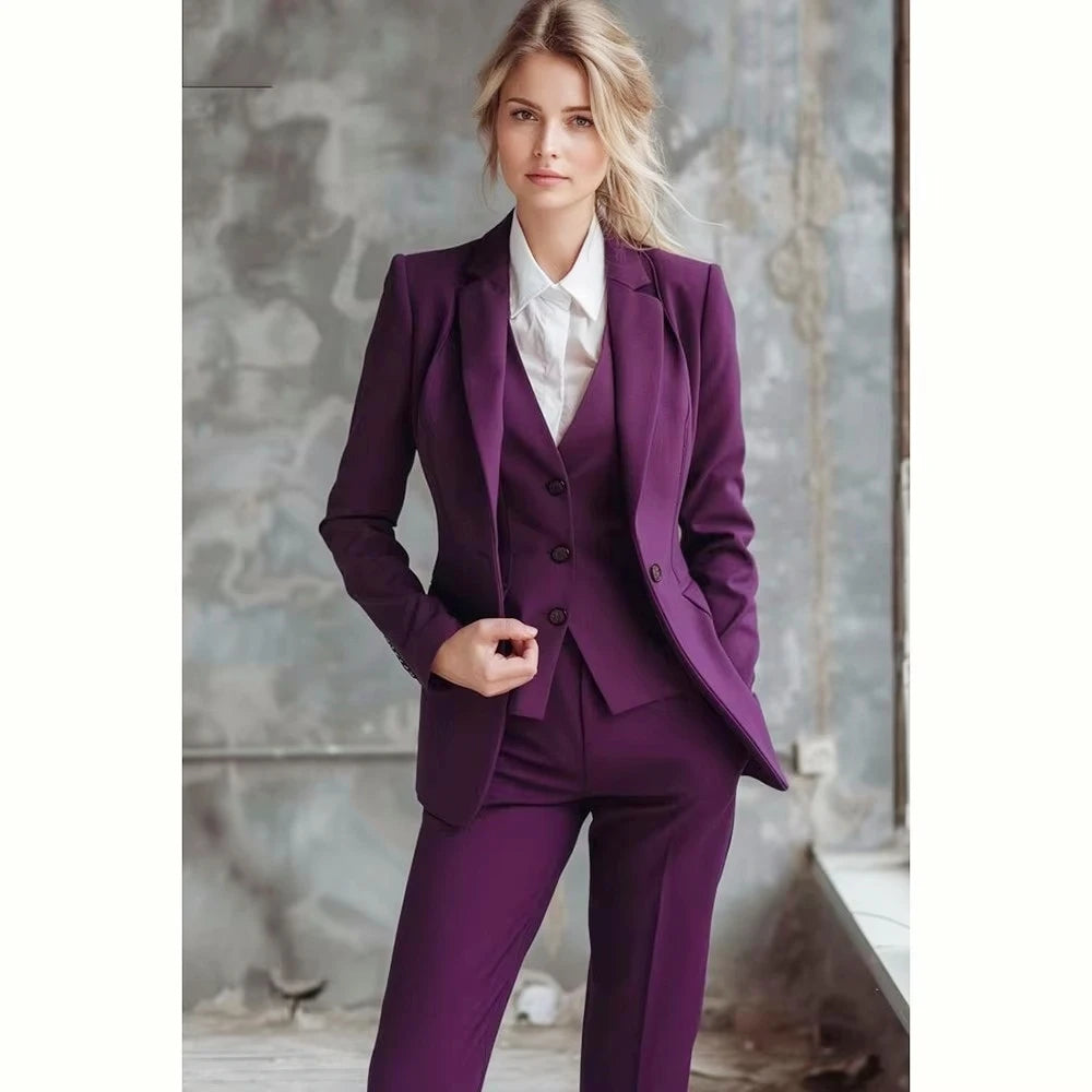 New Ladies Suit Women 3 Piece Purple Formal Jacket Vest Trouser Female Business Work Wear Set Notch Lapel One Button Blazer Set
