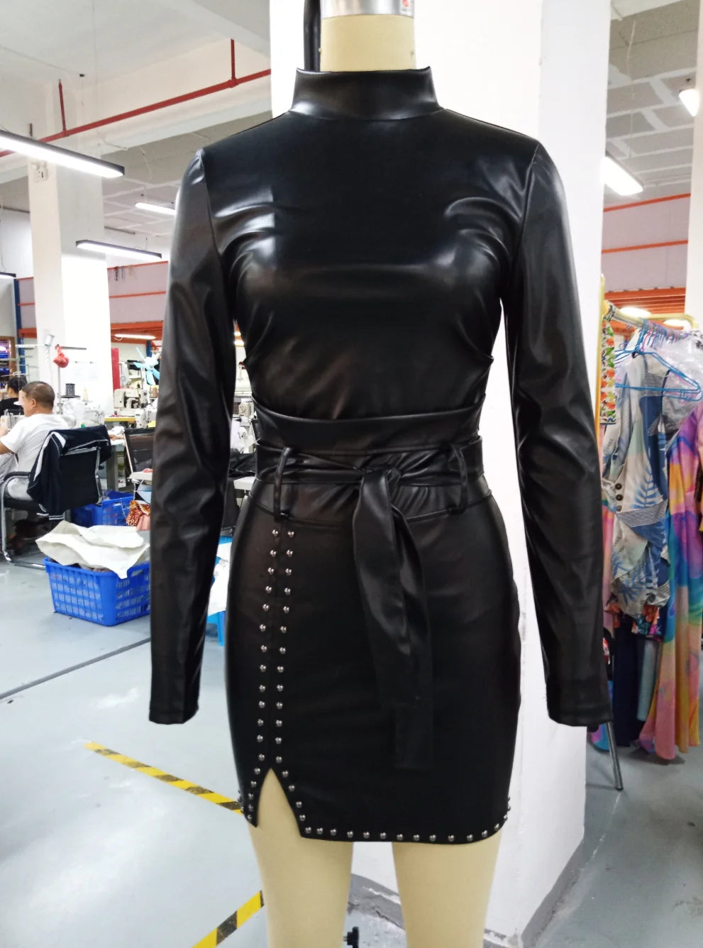 Sexy Dresses for Women Solid Pu Leather Long Sleeves Turtleneck Rhinestone Small Silt Skinny Mini Party Evening Black Dress