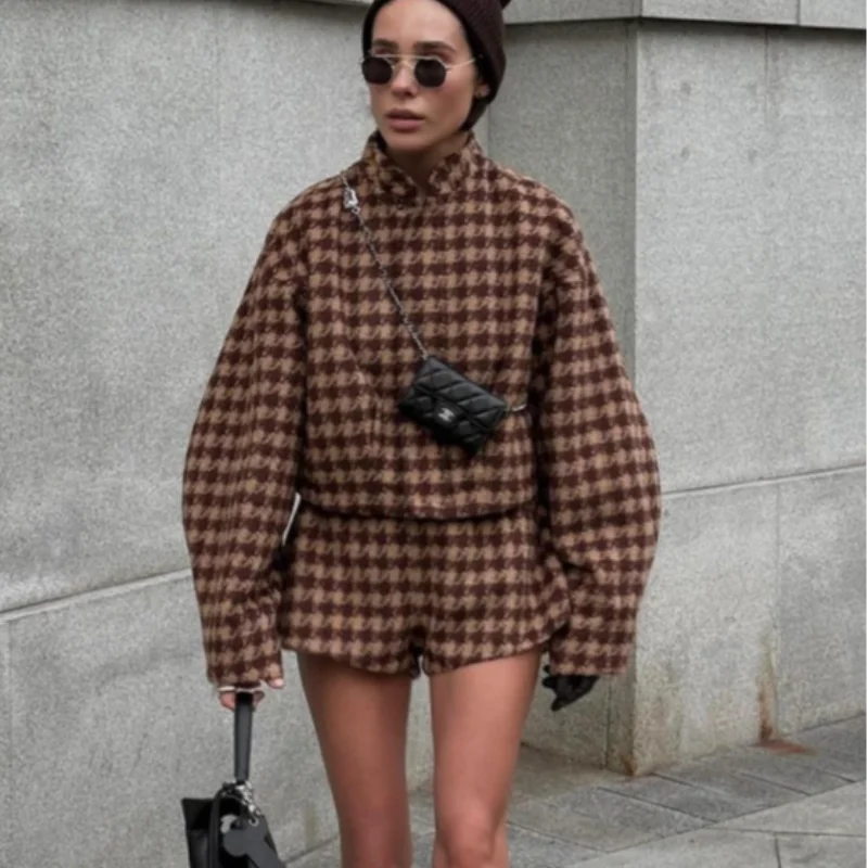 2025 Spring Retro Plaid Women Sets Casual Chic Full Sleeve