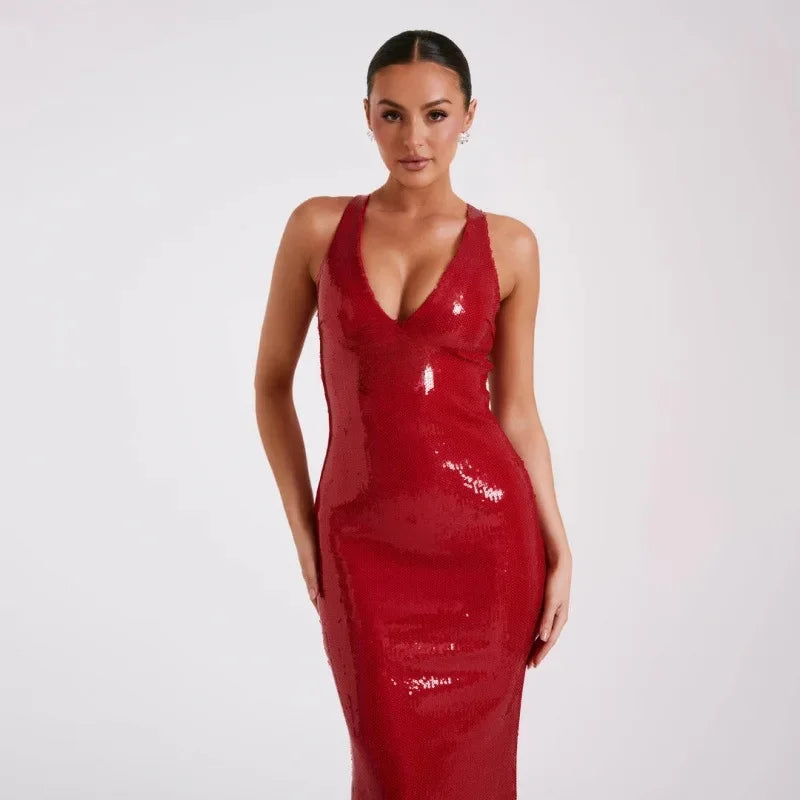 New Hollow out Backless Party Dress Sequin Split Long Skirt Women V Neck Sleeveless Ankle Length Regular Waistline Gown