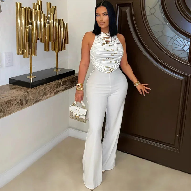Sexy Halter Backless Jumpsuit Women Elegance High Waist Flare Pants Sleeveless Beading Ruched Party Romper Club Birthday Outfits