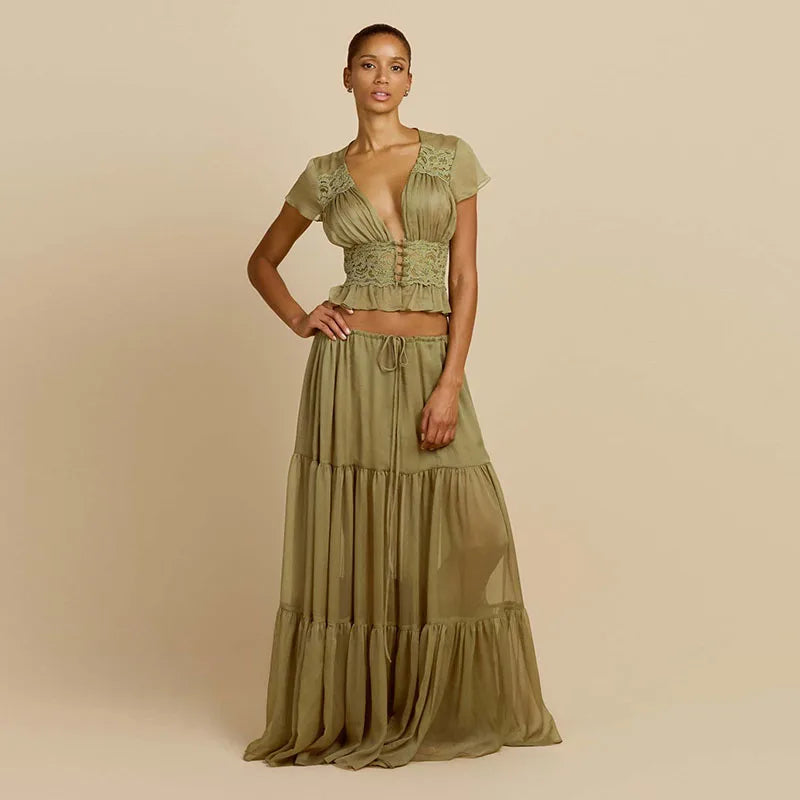 Women's 2 Piece Set Bohemian Olive Green Deep V Lace Trim Cropped