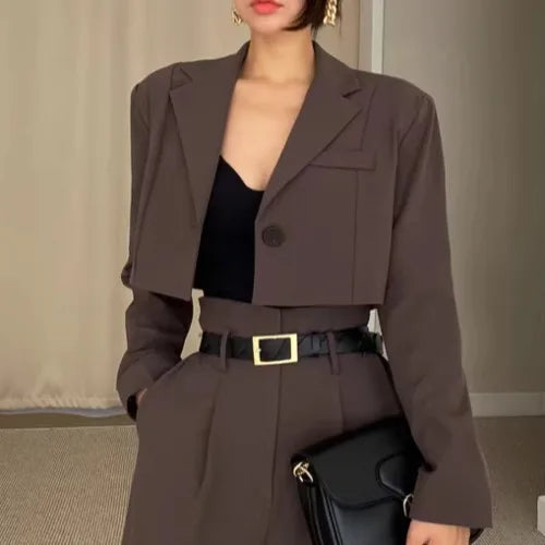 Chic Retro Lapel ort One Button Suit Jaet High Waist Wide Leg Pants