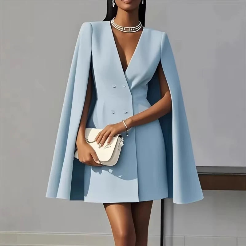 Women's suit dress for autumn office wear, double-breasted cape-like cloak, solid color V-neck suit jacket
