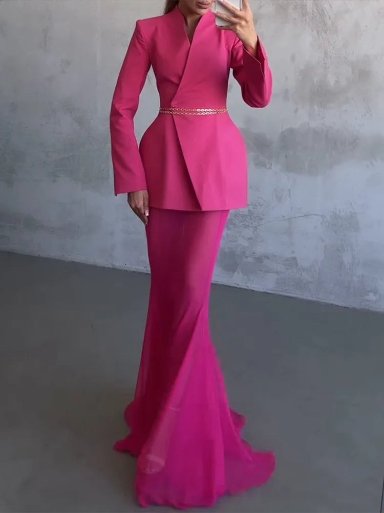 Yitimuceng Elegant Solid Mesh Maxi Skirt 2 Piece Set Women Streetwear V Neck Long Sleeve Coat 2025 New Autumn Winter Skirt Sets