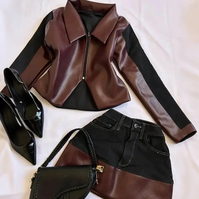 Fashion PU Leather Patchwork Slim Fit Zip Up Jacket Coat