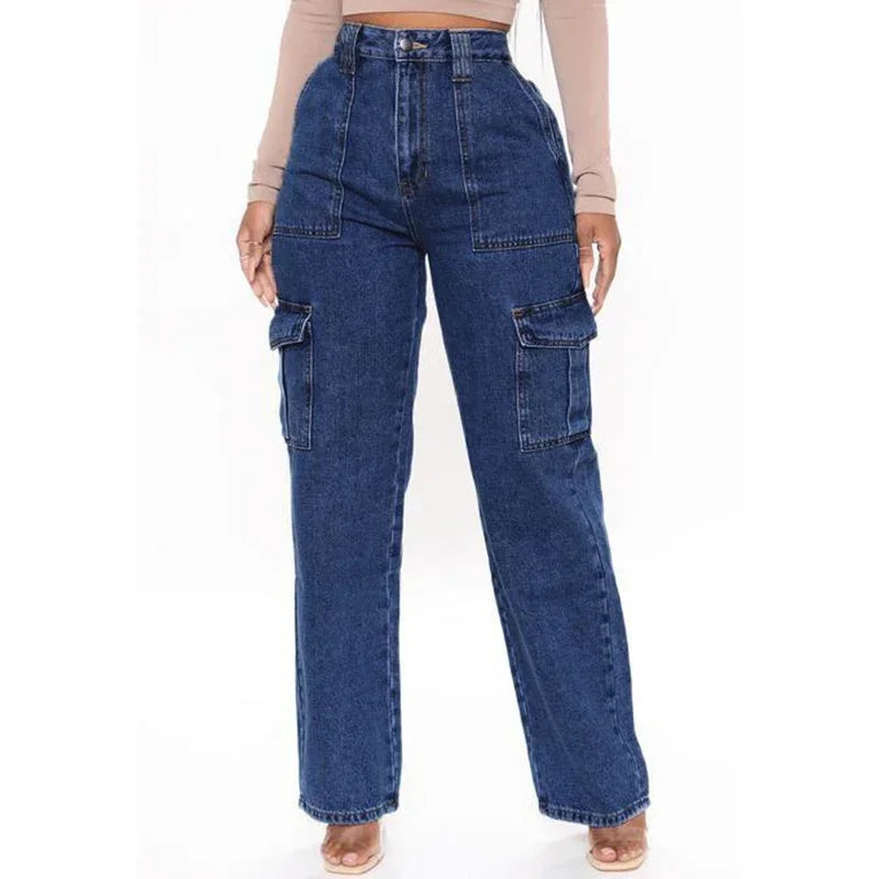 Woman High Waist American Cargo Jeans Lady Straight Leg Cross Pants Girls Fashion Light Blue Dark Blue Black Gray Denim Trousers