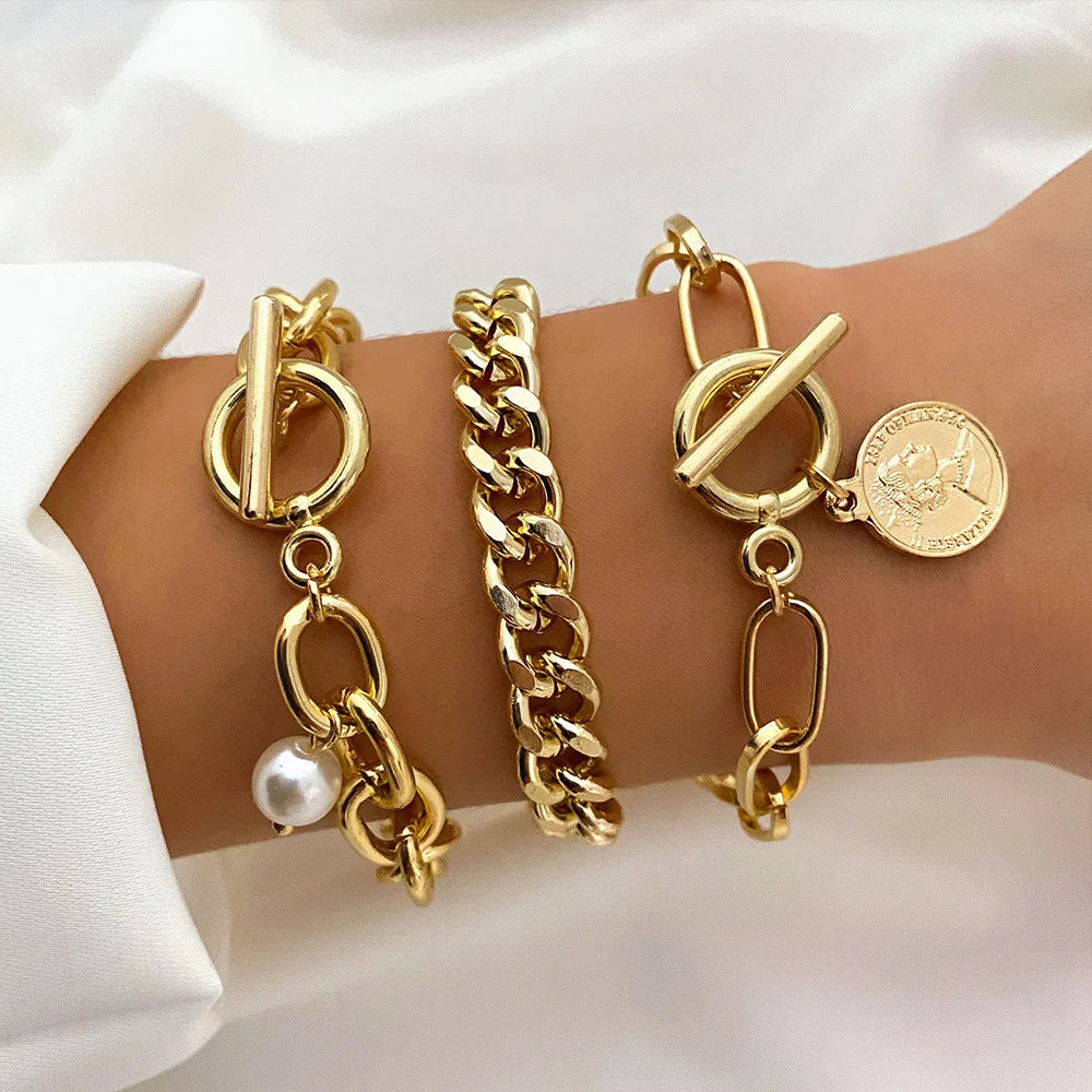 7Pcs Punk Vintage Gold Arrowhead Bracelets Set