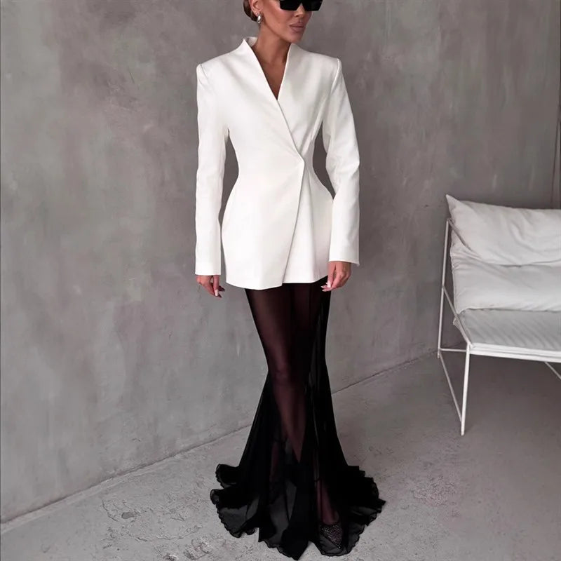 Pure Color Suit Jaet And Skirt Set Women's Slim Fit Long Sve V Ne Button up Faionable Four Season Polyester Ensemble